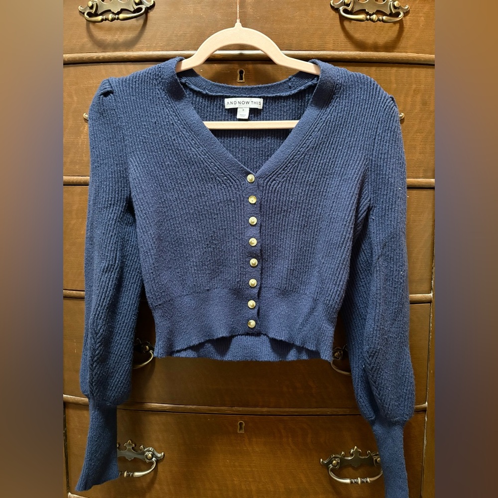 'And Now This' blue crop cardigan--Small